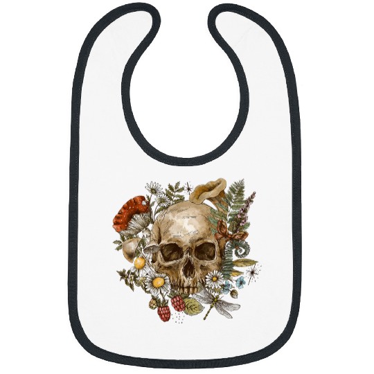 Tattoo Style Skull with Flowers Dragonfly Berries Mushrooms Bibs