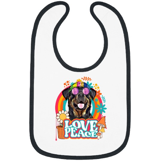 Dog Rottweiler Hippie Rottweiler Dog Retro 60s 70s Peace Sign Love Bibs