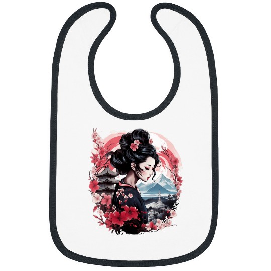 Japanese Geisha With Mount Fuji And Pagoda Cherry Blossom Bibs