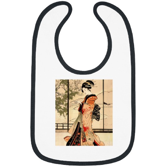 Japanese Traditional Geisha In Ukiyoe Woodblock Style Bibs