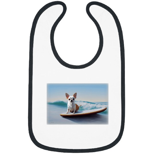 Happy Pale Chihuahua On A Surf Board On The Ocean Bibs