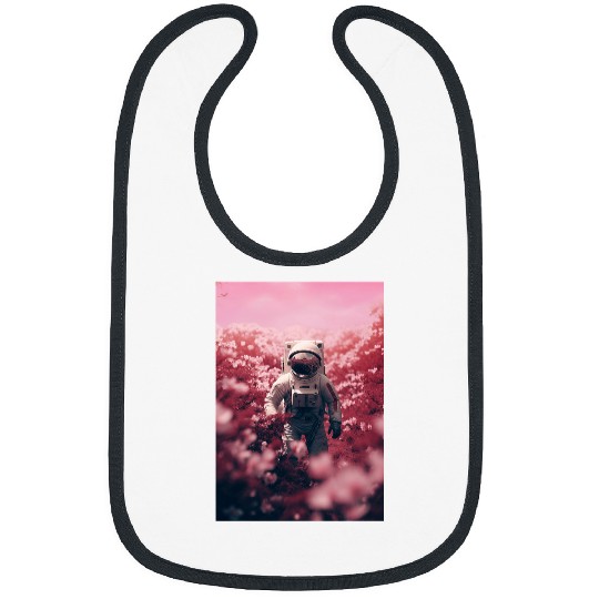 Space Astronaut Standing On A Field Of Pink Flowers 1 Bibs