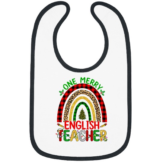One Merry English Teacher Rainbow Leopard Print Christmas 2 Bibs