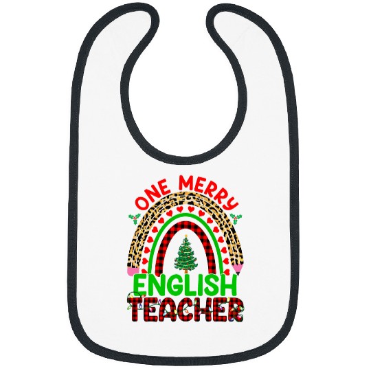 One Merry English Teacher Rainbow buffalo plaids xmass Tree 2 Bibs