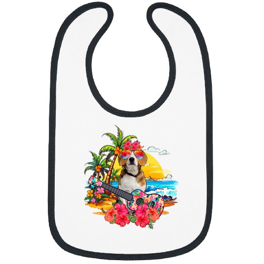 Hawaiian Floral Beagle Sunglasses Playing Guitar On Beach Bibs