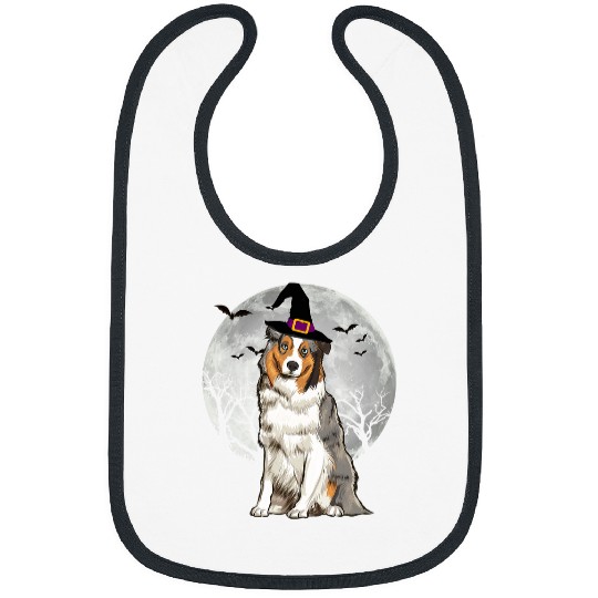 Scary Australian Shepherd Dog Witch Hat Halloween Bibs