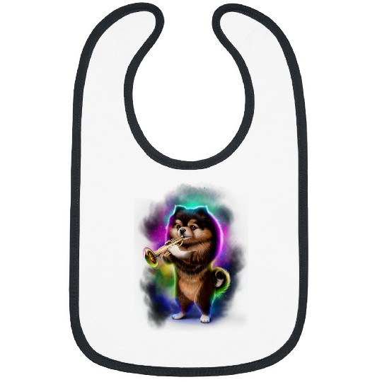 Pomeranian Dog Play Trumpet in Galaxy Rainbow Space Bibs