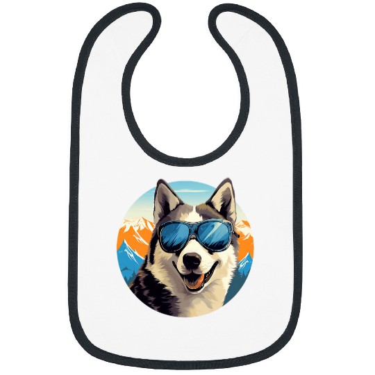Siberian Husky Wearing Sunglasses Rocky Snowy Mountain Bibs