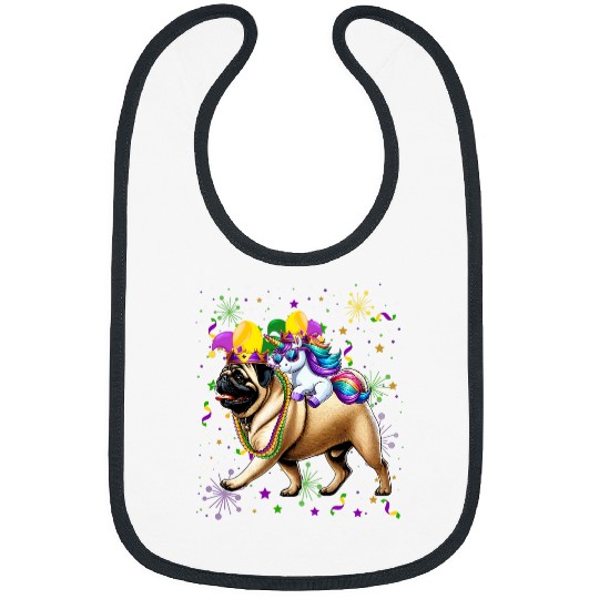 Unicorns Sunglasses Riding Pug Wearing Mardi Gras Masked Bibs