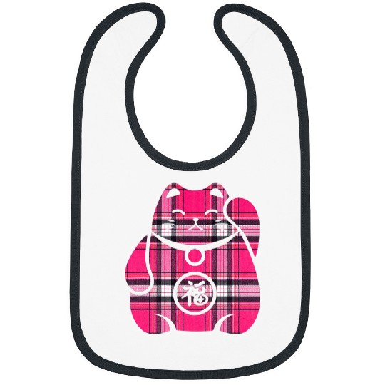 Maneki Neko Japanese Lucky Cat Tartan Pattern Silhouette Cat Bibs