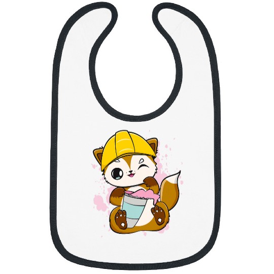 Construction Worker Fox Drinks Bubble Tea For Boba Tea Lover Bibs