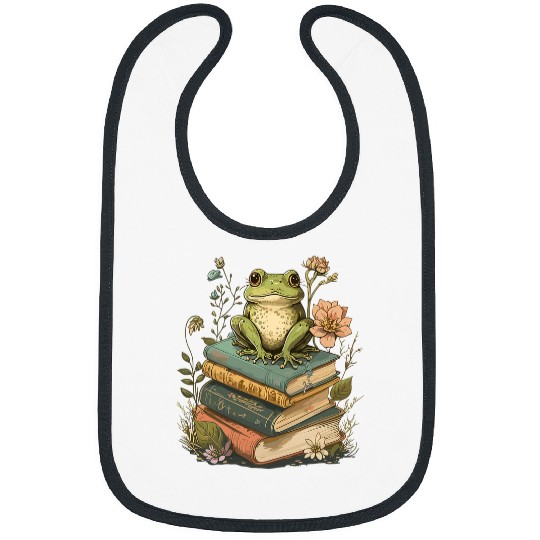 Cottagecore Aesthetic Frog Reading Book Mushroom Lover 3 Bibs