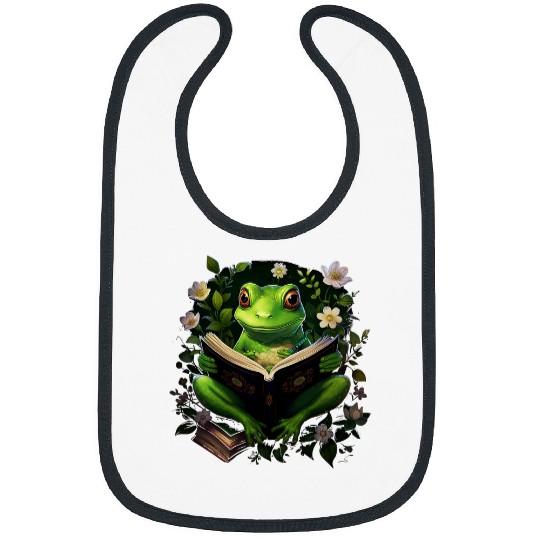 Cottagecore Aesthetic floral Frog with Book cute Goblincore 2 Bibs