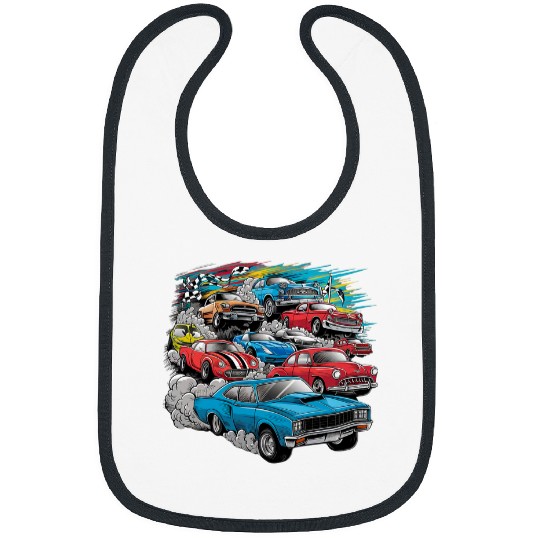 Car Madness Muscle Carss Classic Carss and Hotrods Cartoon Bibs
