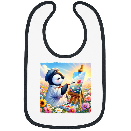 Penguin Drawing Flowers In A Field On A Clear Day Beret Bibs