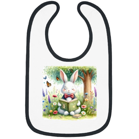 Rabbit In Bow Tie Reads Spell Book In Meadow Reading Bibs