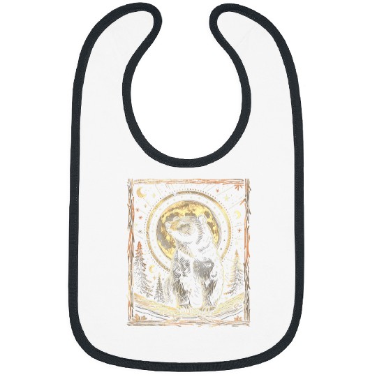 Linocut Bear Drawing Cottagecore Moon Celestial Print Bibs