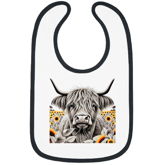 Hairy Highland Cow with Sunflowers Drawing Cattle Lover Bibs