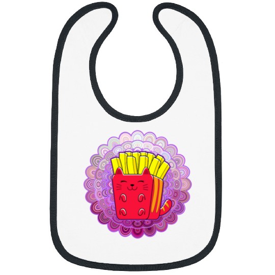 Cute Food Drawing on Pink Mandala French fries Kawaii Cat Bibs