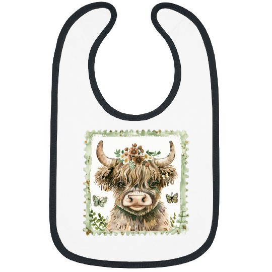 Cute Highland Cow Watercolor Postage Cottagecore Aesthetic 1 Bibs
