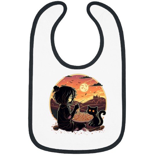 Cute Kawaii Cat Eating Spaghetti And Watching Sunset Scene Bibs