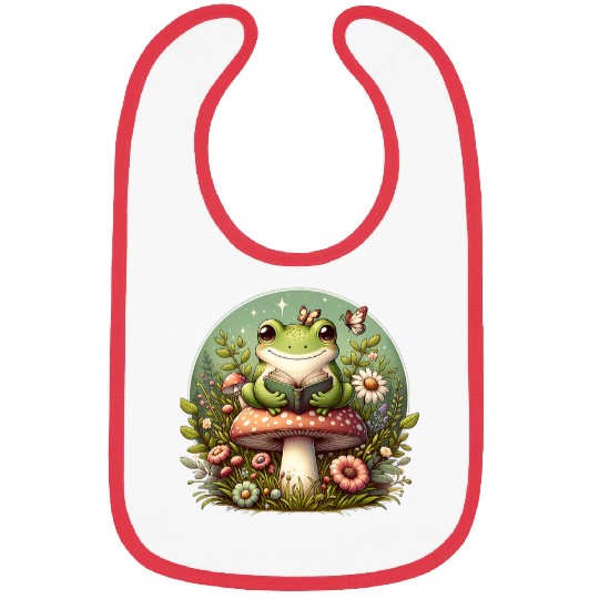 Cute Cottagecore Aesthetic Frog Mushroom Reading Book Bibs