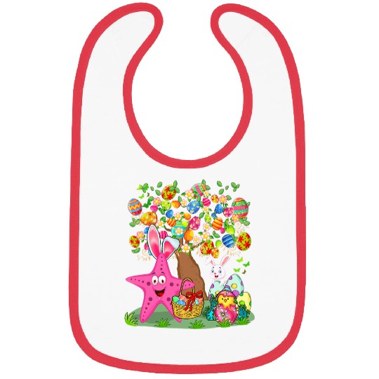Bunny Starfish Hunting Easter Eggs With Chick Cute Tree Bibs