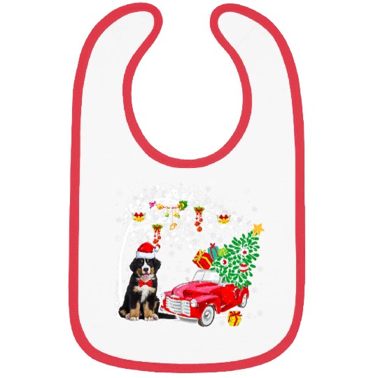 Santa Bernese Mountain Red Pickup Truck Carrying xmass Tree Bibs