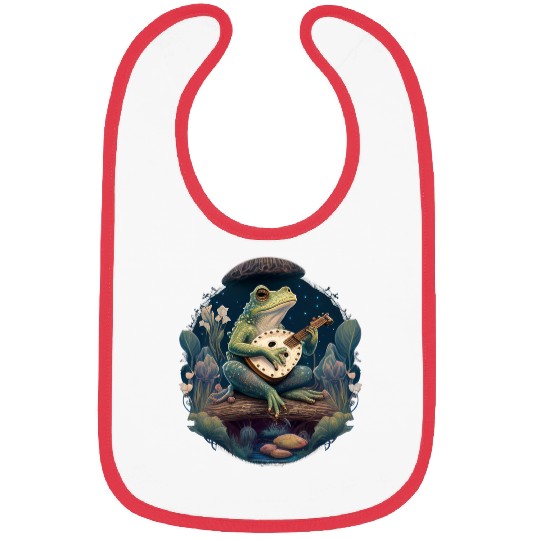 Funny Banjo Frog Cottagecore Aesthetic Frog Playing Banjo on Mushroom Cute Bibs