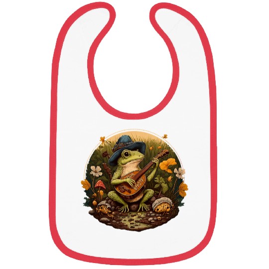 Funny Banjo Frog Cottagecore Aesthetic Frog Playing Banjo on Mushroom Cute 31 69 Bibs