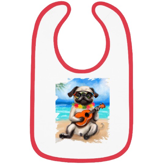 Funny Ukulele Hawaiian Aloha Dog Pug Playing Ukulele Beach Bibs