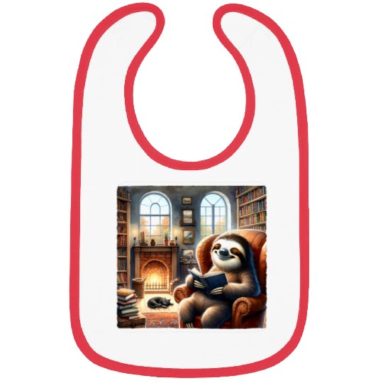 Sloth Pet Reading In A Cozy Library With A Cat Fireplace Books Bibs