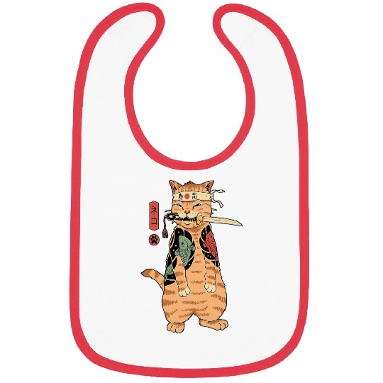 Japanese Samurai Cat Katana Ninja Kitty Tattoo Style Bibs