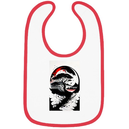 Japanese Tree Red Moon With Birds Flying in the Background Bibs