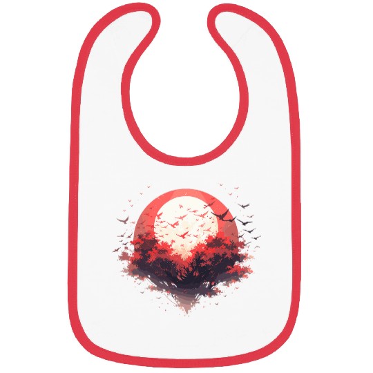Japanese Tree Red Moon With Flying Birds Otaku Lovers Bibs