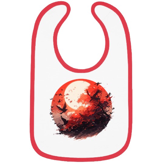 Japanese Tree Red Moon With Flying Birds Otaku Lovers Japan 1 Bibs
