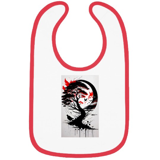 Japanese Tree Red Moon With Birds Flying in background Graph Bibs