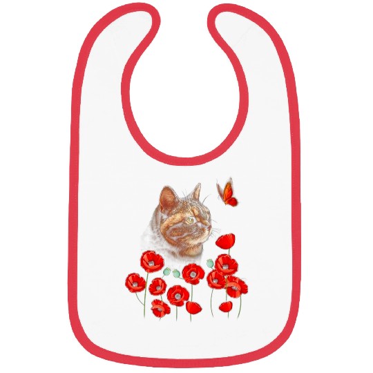 Cat Kitten Butterfly Poppies Flower Spring Lover Bibs