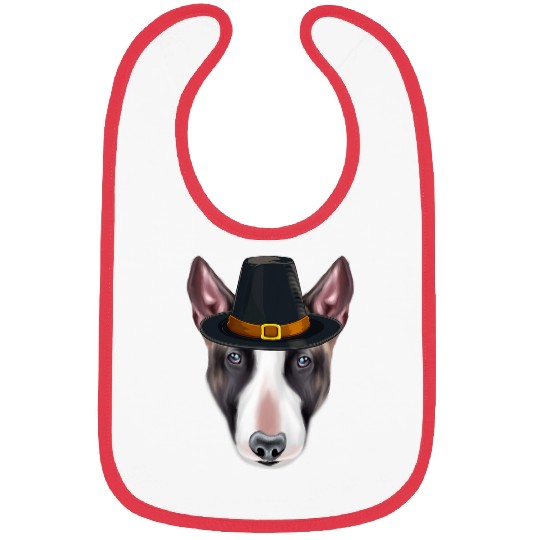 Miniature Bull Terrier Wearing Pilgrim Hat Thanksgiving Bibs