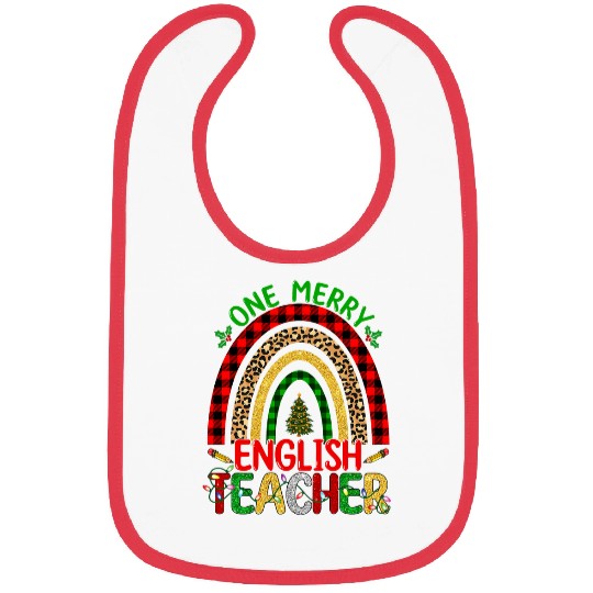 One Merry English Teacher Rainbow Leopard Print Christmas 2 Bibs