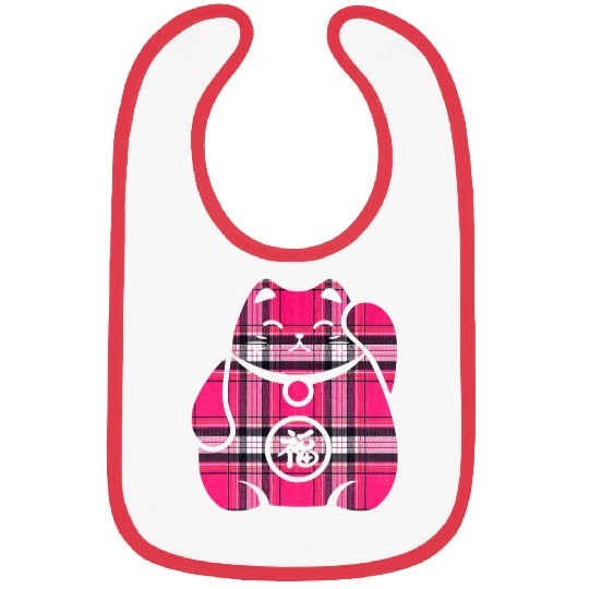 Maneki Neko Japanese Lucky Cat Tartan Pattern Silhouette Cat Bibs