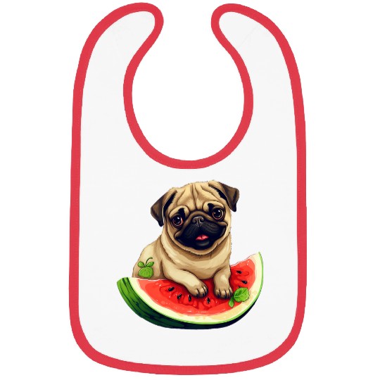 Pug with Red Watermelon Summer Fruit Canine Design Bibs
