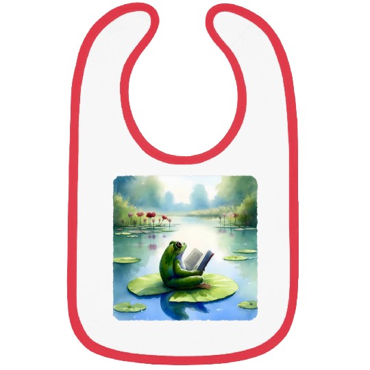 Frog Reading Philosophy Book On Water Lily Pond Mirrored Bibs