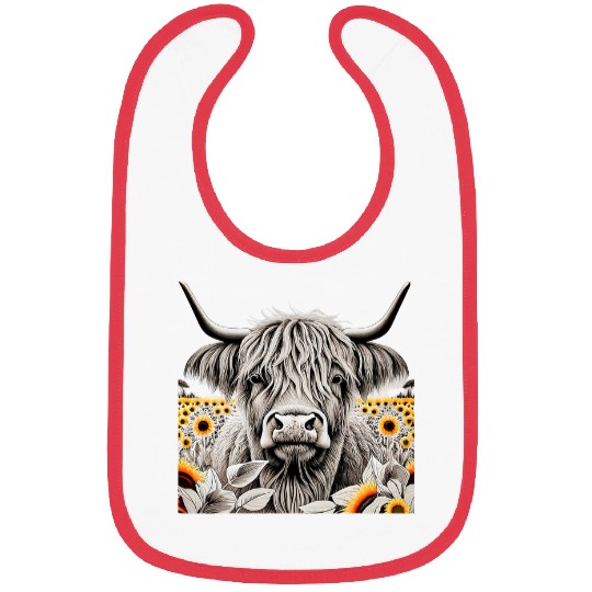 Hairy Highland Cow with Sunflowers Drawing Cattle Lover Bibs