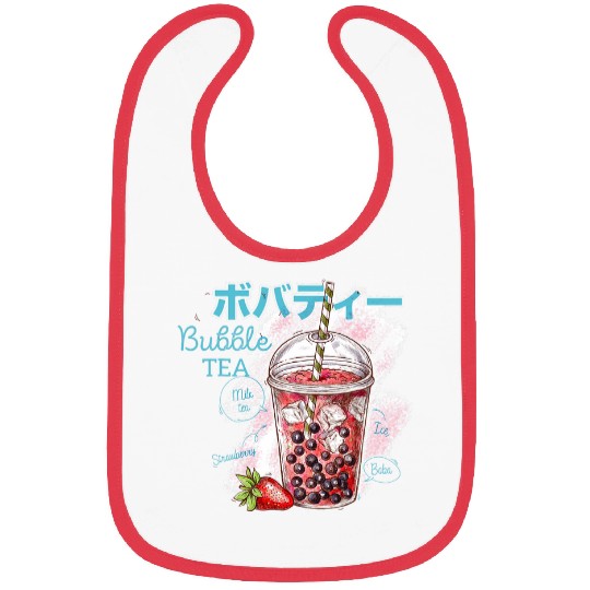 Bubble Milk Tea Strawberry Boba Cute Bear Kawaii Aesthetic Bibs