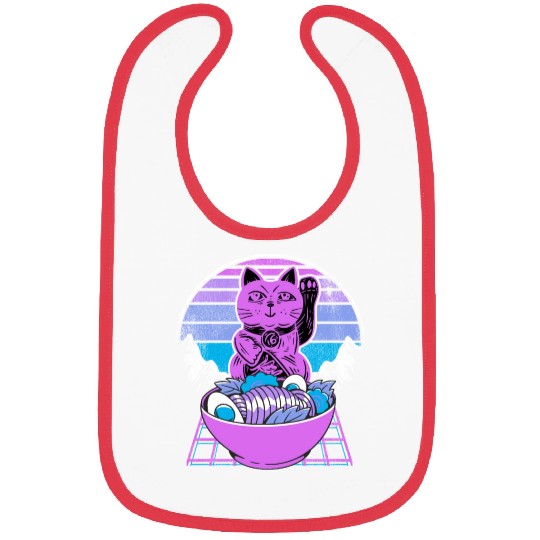 Ramen Maneki Neko Cat Kawaii Retrowave Sunset 80s Bibs