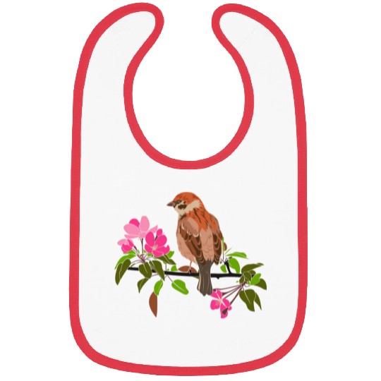 Sparrow on a branch pink flowers of an apple tree Bibs