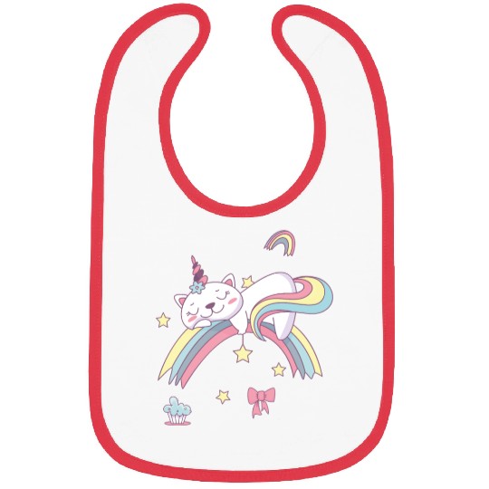 Unicorn Kawaii Cat Cartoon Over Rainbow Bibs