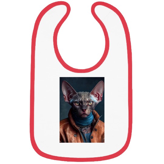 Devon Rex Cat Breed Portrait wears a leather jacke Bibs