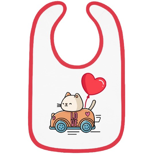Cute cat in the love car, and love balloon - white Bibs